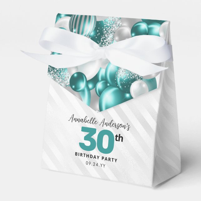 Teal Green Silver Balloon Glitter Favor Birthday Boxes (Front Side)