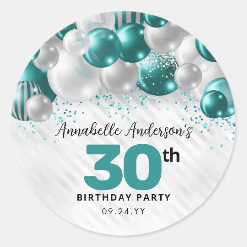 Teal Green Silver Balloon Glitter Favor Birthday Classic Round Sticker