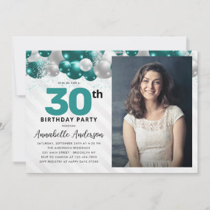 Teal Green Silver Balloon Glitter Photo Birthday Invitation