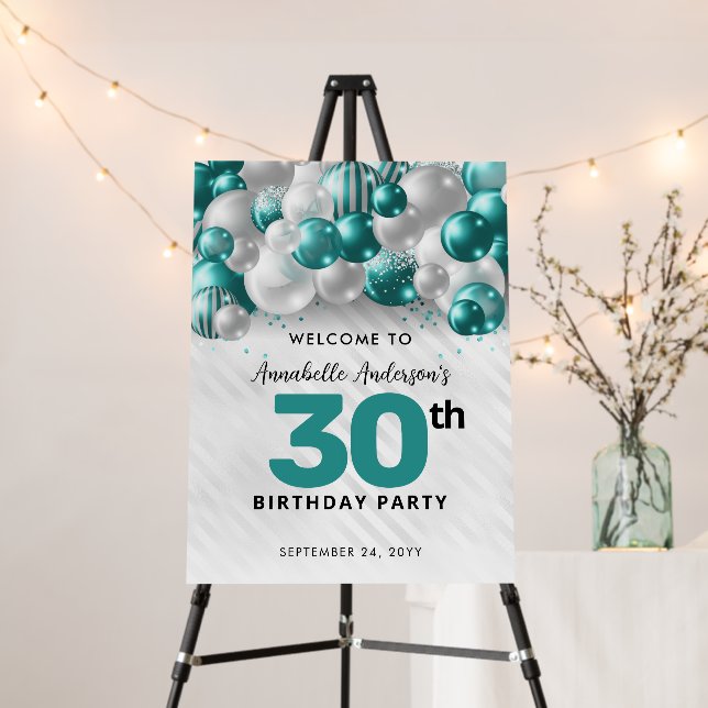Teal Green Silver Balloon Glitter Welcome Birthday Foam Board (In Situ (Stand))