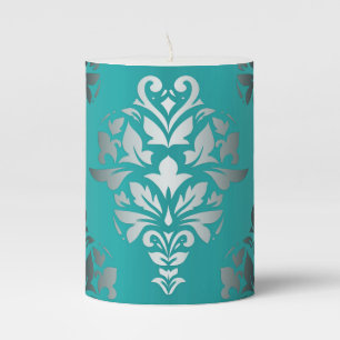 Teal Green & Silver Design Pillar Candle
