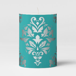 Teal Green & Silver Design Pillar Candle
