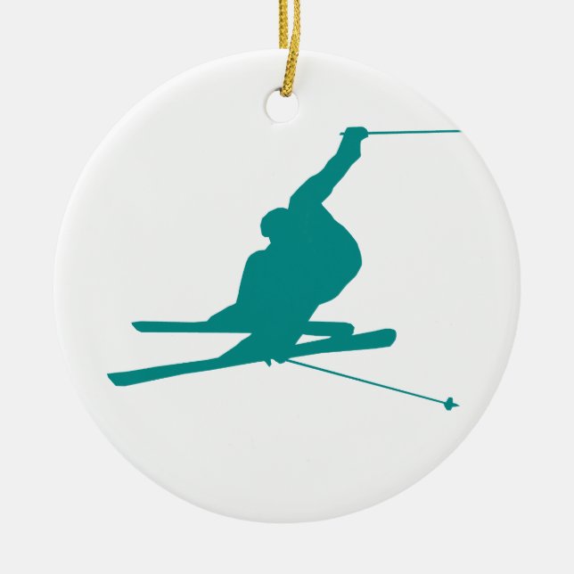 Teal Green Snow Ski Ceramic Ornament (Front)