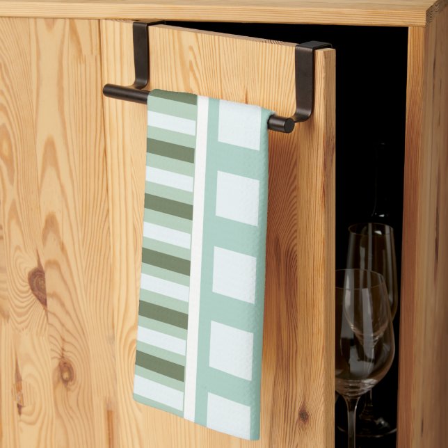 Teal Green Square Stripes  Kitchen Towel (Thirds Fold)