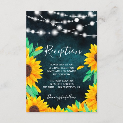 Teal green string lights sunflowers reception enclosure card