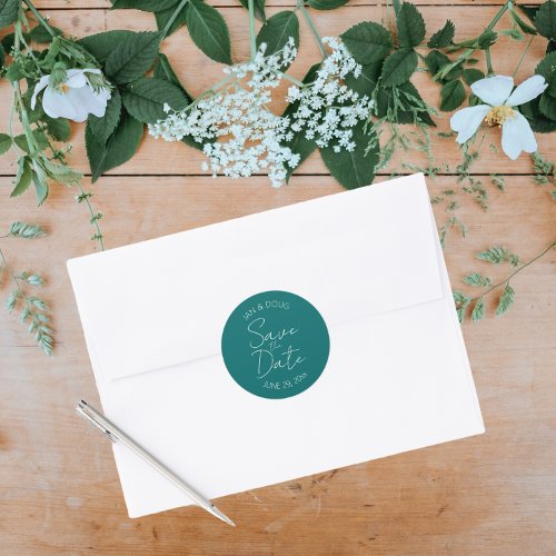 Teal Green Stylish Script Save the Date Classic Round Sticker