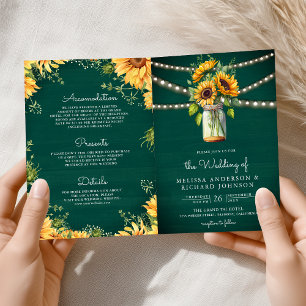 Teal Green Sunflowers Mason Jar QR Code Wedding Invitation