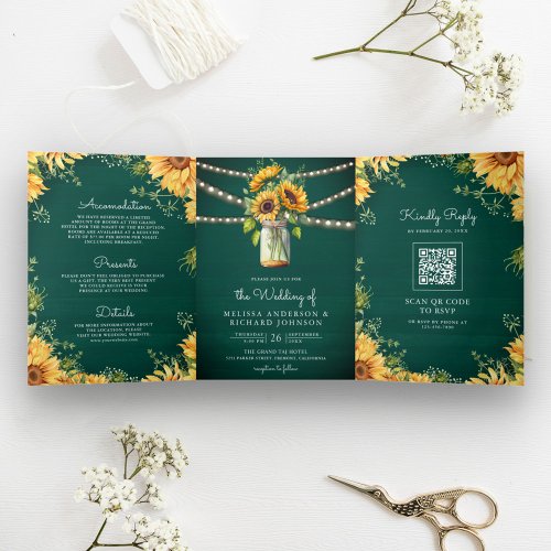 Teal Green Sunflowers Mason Jar QR Code Wedding Tri_Fold Invitation