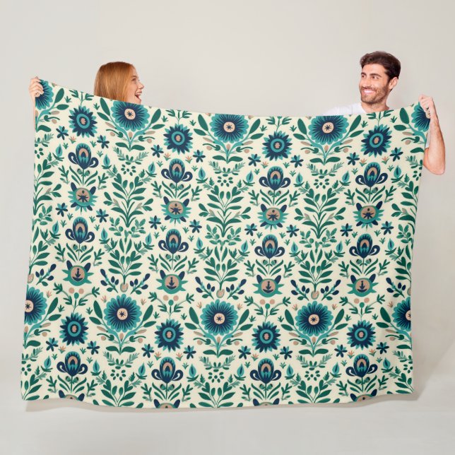 Teal Green Swedish Folk Art Pattern Fleece Blanket (In Situ)