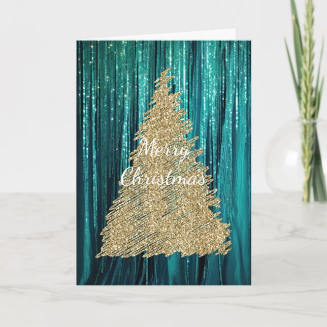 Teal Green Tinsel Gold Glitter Christmas Tree Card (Front)