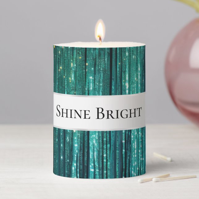 Teal Green Tinsel Stripes Quote Pillar Candle (In Situ)