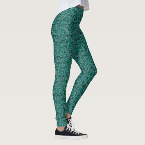 Teal green tooled embossed leather floral cowgirl leggings