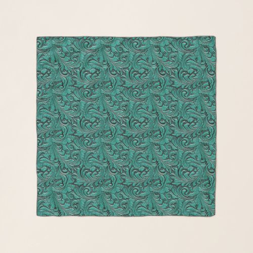 Teal green tooled embossed leather floral cowgirl scarf