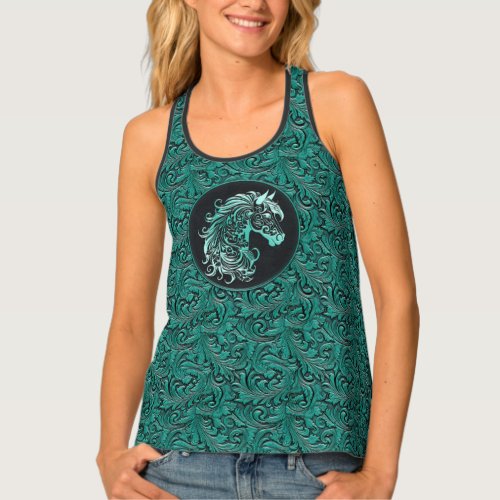 Teal green tooled embossed leather horse cowgirl tank top