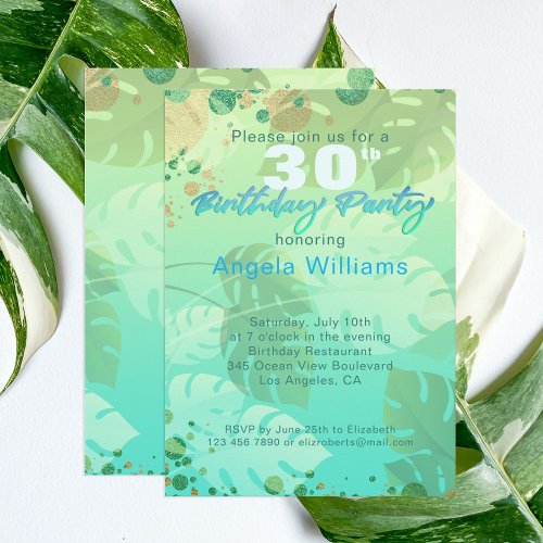 Teal Green Tropical Exotic Summer Birthday Party Invitation