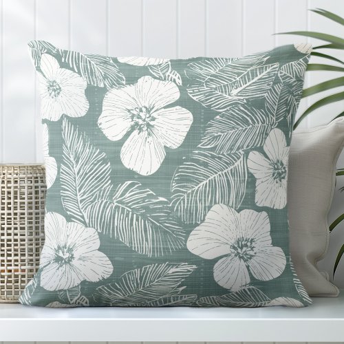 Teal Green Tropical Flowers Throw Pillow