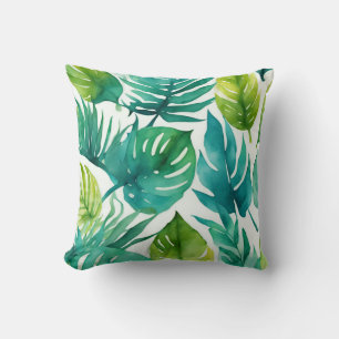 Teal Green Tropical Leaves Palm Fronds Leaf Throw Pillow