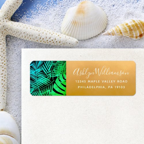 Teal green tropical palm leaf script gold address label