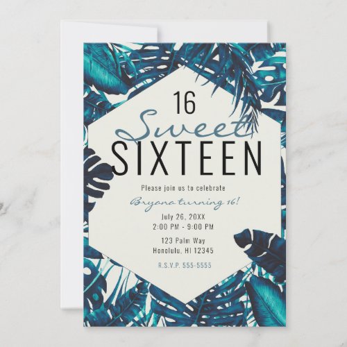 Teal Green Tropical Palm Leaves Summer Sweet 16 Invitation