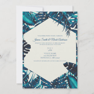 Teal Green Tropical Palm Leaves Summer Wedding Invitation