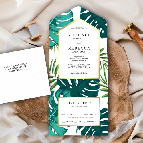 Teal Green Tropical Palm Monstera Leaves Wedding All In One Invitation