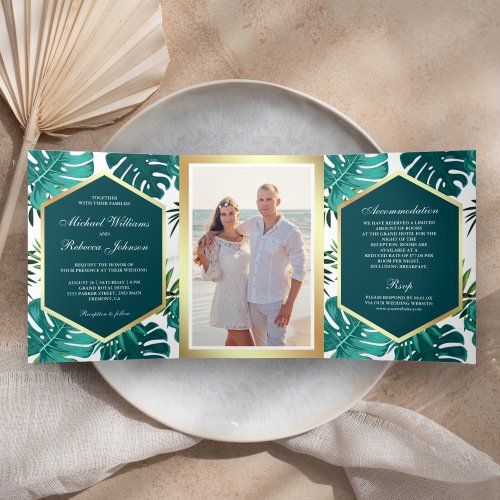 Teal Green Tropical Palm Monstera Leaves Wedding Tri_Fold Invitation