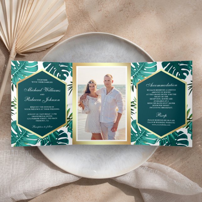 Teal Green Tropical Palm Monstera Leaves Wedding Tri-Fold Invitation (Creator Uploaded)