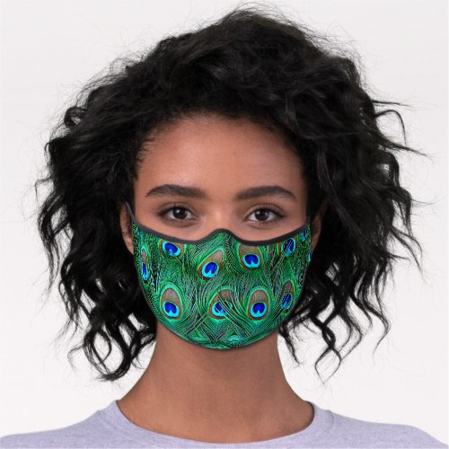 Teal Green Turquoise Blue Peacock Feather Pattern Premium Face Mask