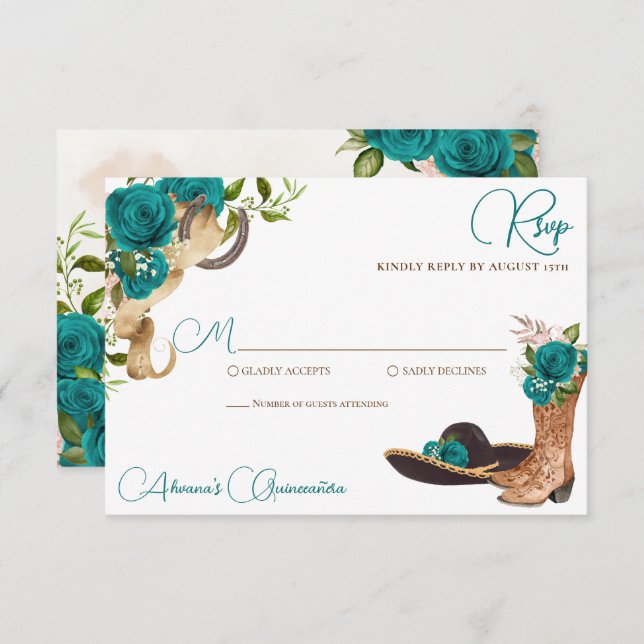 Teal Green Turquoise Charro Western Quinceanera RSVP Card (Front/Back)