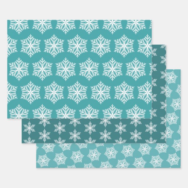 Teal Green Turquoise & White Snowflakes Christmas Wrapping Paper Sheets (Set)