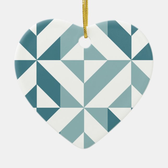 Teal Green Two Tone Geometric ZigZag Ceramic Ornament (Front)