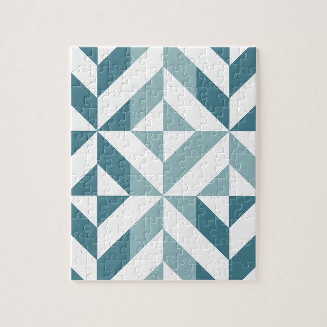 Teal Green Two Tone Geometric ZigZag Jigsaw Puzzle (Vertical)