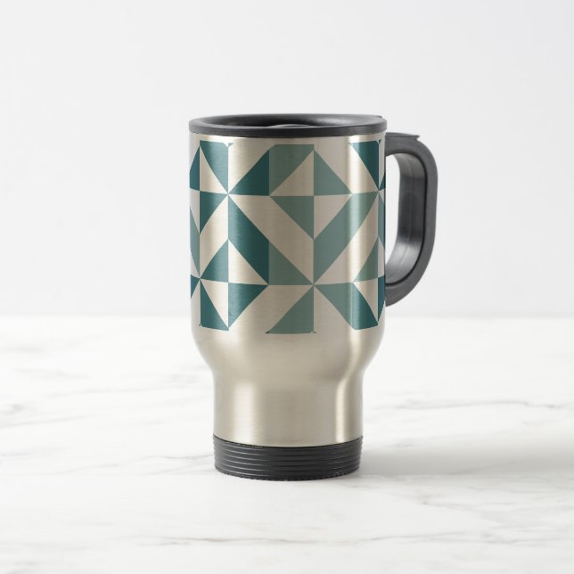 Teal Green Two Tone Geometric ZigZag Travel Mug (Front Right)