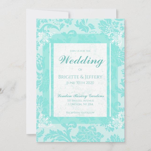 Teal green vintage damask print invitation (Front)
