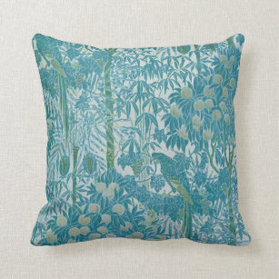 Teal Green Vintage Tropical Parrot Pattern Throw Pillow