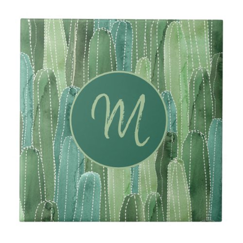 Teal Green Watercolor Cacti Monogram Ceramic Tile