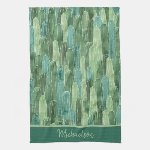 Teal Green Watercolor Cacti Pattern Kitchen Towel