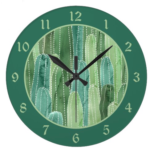 Teal Green Watercolor Cacti Pattern Large Clock
