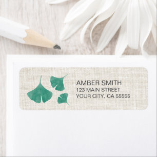 Teal Green Watercolor Ginkgo Leaf Trio Linen Look Label