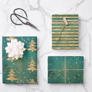 Teal Green Watercolor Gold Christmas Tree Wrapping Paper Sheets
