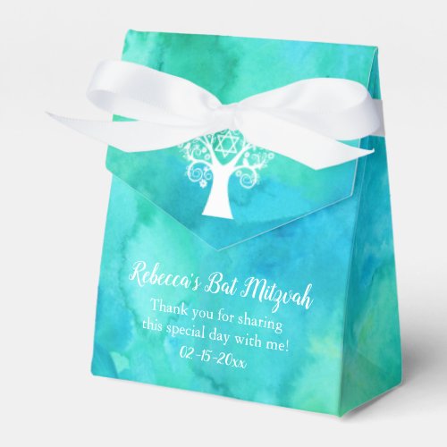 Teal Green Watercolor Tree of Life Bat Mitzvah Favor Boxes