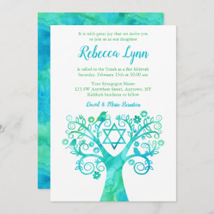 Teal Green Watercolor Tree of Life Bat Mitzvah Invitation