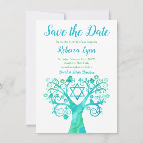 Teal Green Watercolor Tree of Life Bat Mitzvah Save The Date