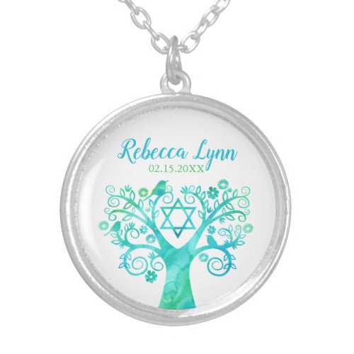 Teal Green Watercolor Tree of Life Bat Mitzvah Silver Plated Necklace