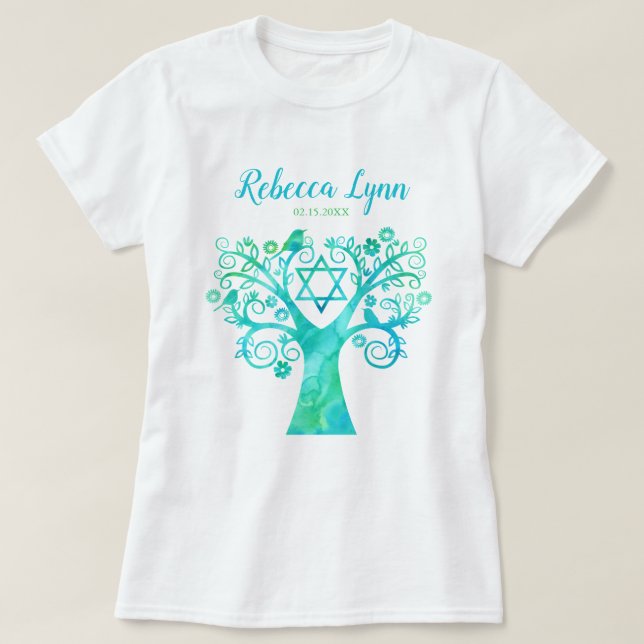 Teal Green Watercolor Tree of Life Bat Mitzvah T-Shirt (Design Front)