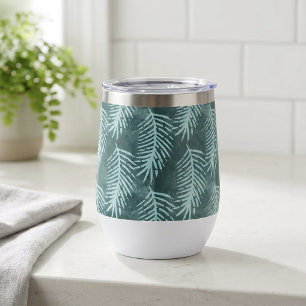 Teal Green Watercolor Tropical Botanical Leaf Thermal Wine Tumbler