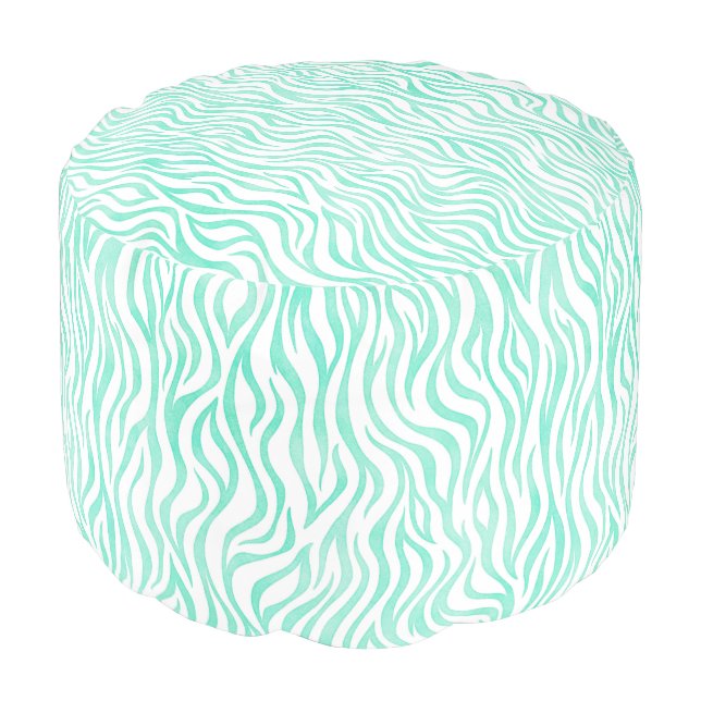 Teal Green Watercolor Zebra Print Pouf (Angled Front)
