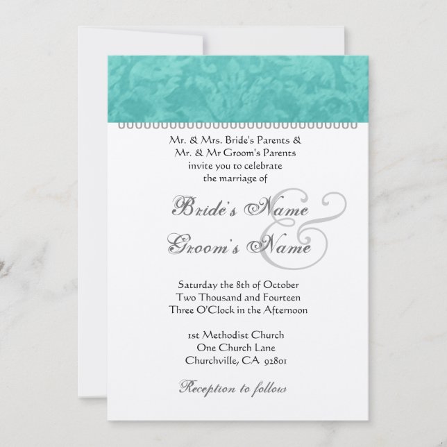 Teal Green Wedding Damask Champagne Metallic Paper Invitation (Front)