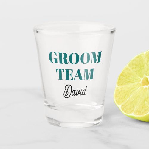 Teal Green Wedding Groom Team Stylized Name Shot Glass