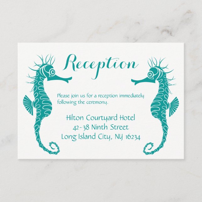 Teal Green Wedding Reception Seahorse - Beach Enclosure Card (Front)